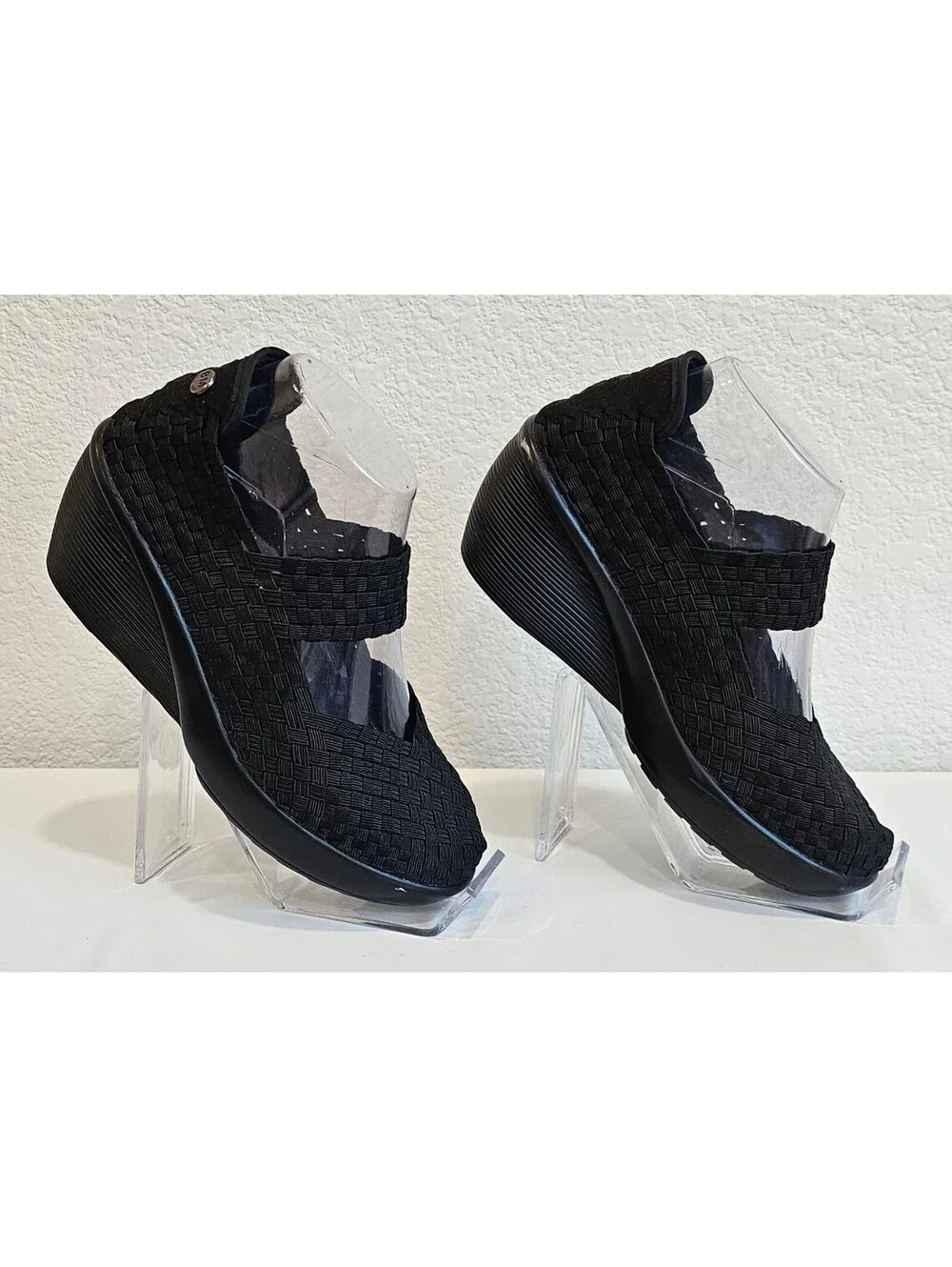 Bernie Mev Women's Black Woven Mary Jane Wedge Shoes Size 37, US 6-6.5